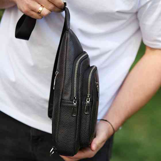 Сумка-слинг мужская через плече 19х31х7, нагрудная сумочка рюкзак из натуральной кожи TIDING BAG 32545 черная Киев