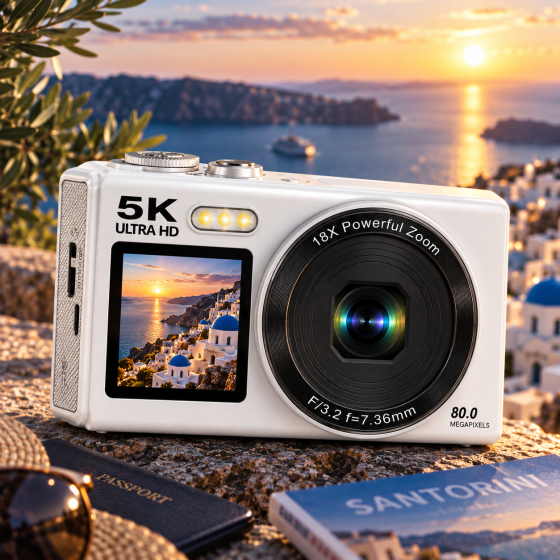 Цифрова камера 5K 80 МП Wi-Fi з подвійним екраном, EIS, 18x Zoom, 2 акумулятори + карта 64 ГБ, біла Київ