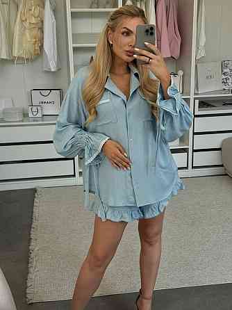 Жіночий літній костюм двійка: сорочка і шорти з рюшами льон Одеса