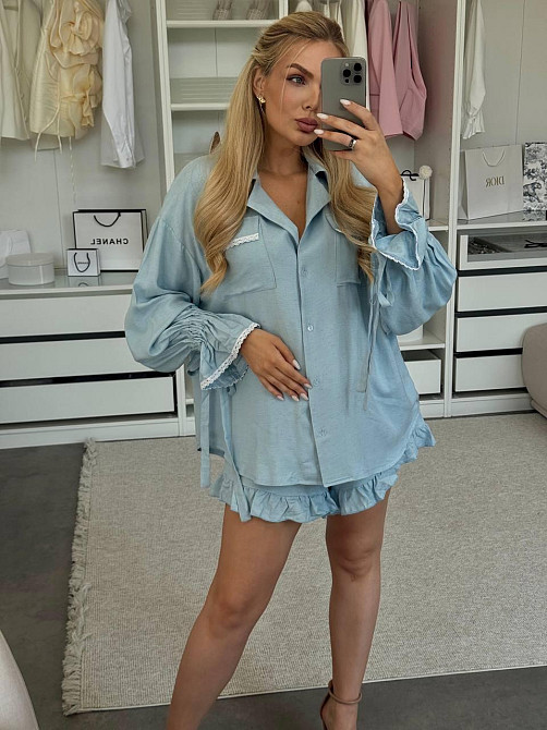 Жіночий літній костюм двійка: сорочка і шорти з рюшами льон Одеса - фото 1