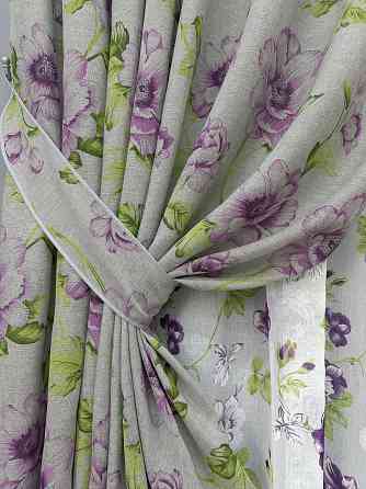 Комплект штор VR-Textil Льон Прованс 150х270 2шт і Тюль 400х270 2079ш-1266т Сірий з фіолетовим та білим 71-206/3 Київ