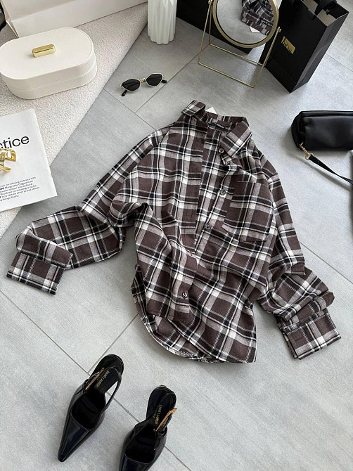 Женская повседневная оверсайз рубашка в клетку костюмный тиар Темный шоколад Одесса - изображение 1