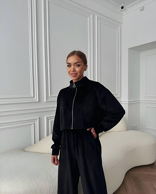 Жіночий прогулянковий плюшевий костюм: кофта та штани Чорний, 46/48 Одеса - фото 3