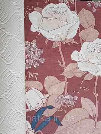 Шпалери вінілові Lutece Melody 51197010 квіти листя рожеві білі сині на бордовому тлі Київ