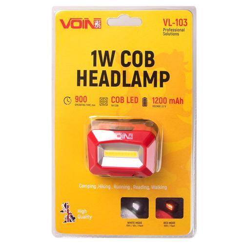 Налобний ліхтар VOIN VL-103 з 1W COB світлодіодом (W/R), АКБ 1200mAh, регульований нахил Харків - фото 2