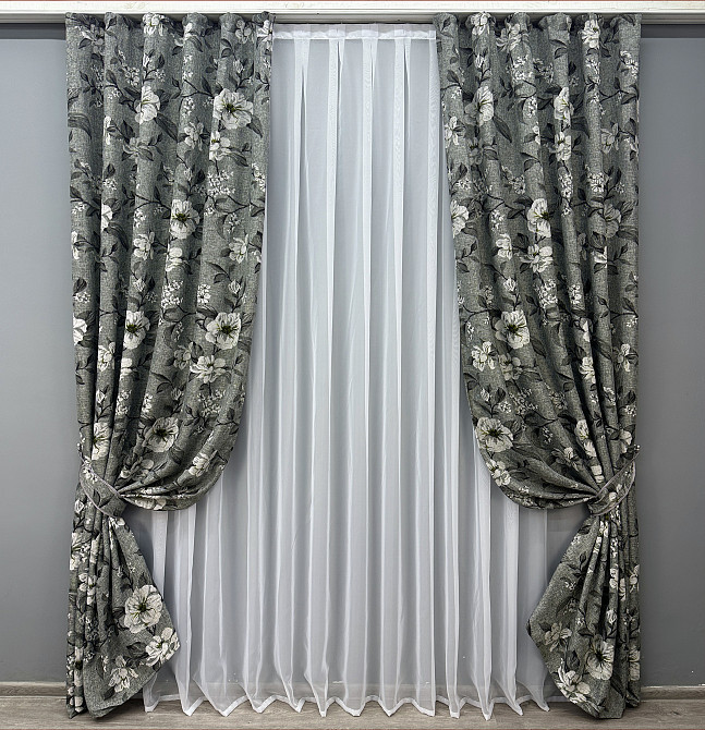 Шторна тканина льон з квітковим принтом, колекція "Прованс" колір сірий 1724ш Київ - фото 7