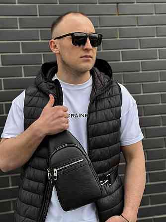Мужской кожаный рюкзак-слинг на одно плечо черный TIDING BAG Киев
