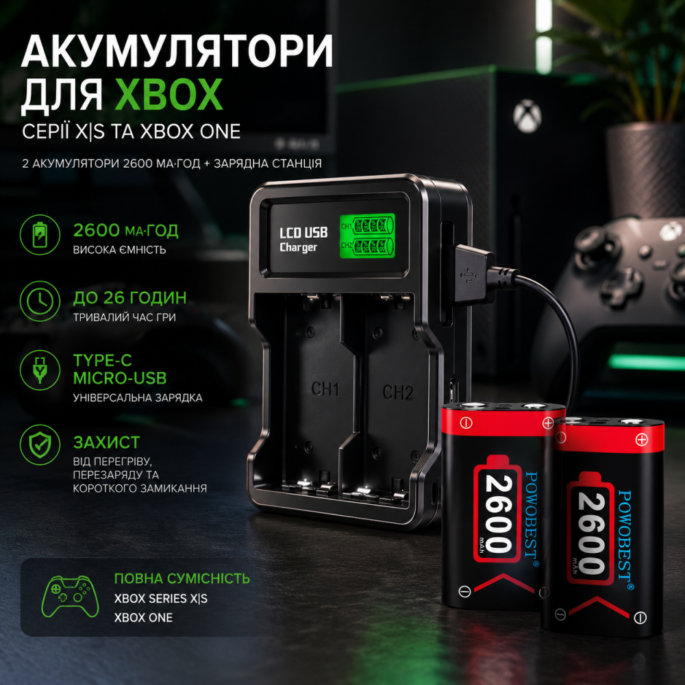 Акумулятори для контролера Xbox Series X/S та Xbox One 2×2600 мА·год із зарядною станцією | Type-C, Micro-USB, до 26 годин гри Київ - фото 9