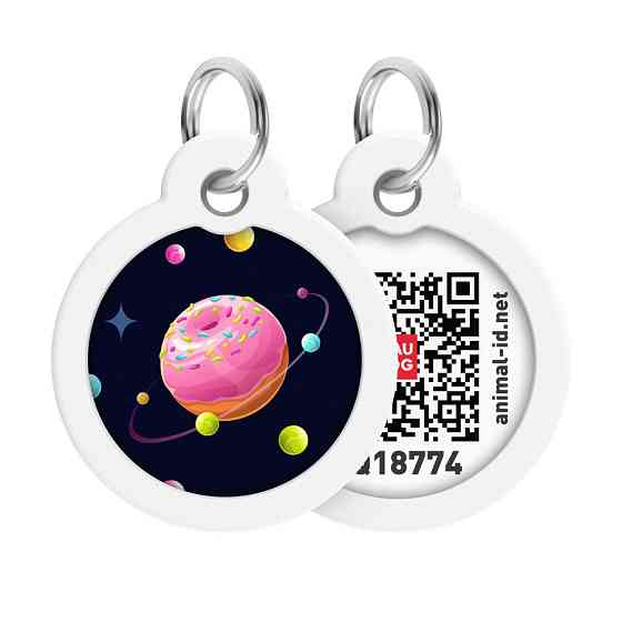 Адресник для собак і котів металевий WAUDOG Smart ID з QR-паспортом, малюнок "Всесвітня пончиків", круг, Д Вінниця