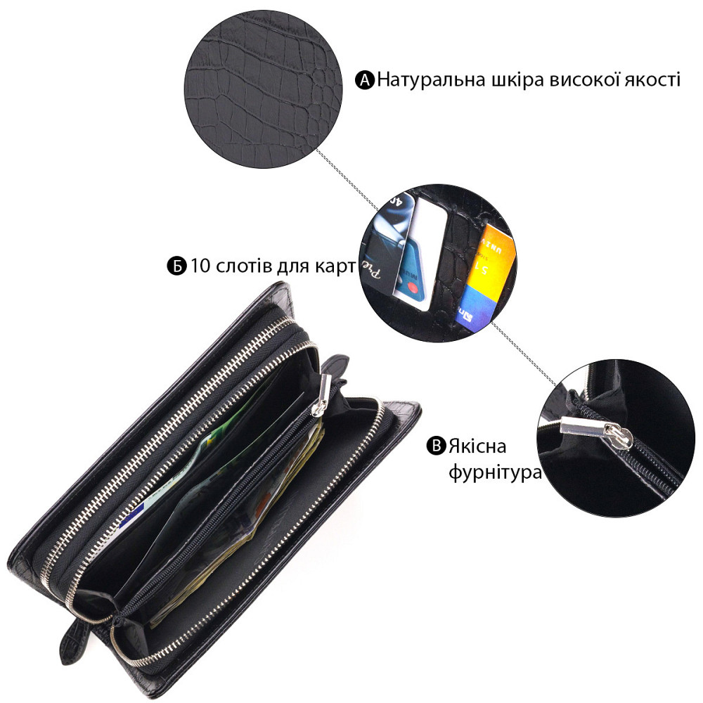Стильна чоловіча барсетка на два відділення з натуральної фактурної шкіри з тисненням під крокодила CANPELLINI 21570 Чорна Київ - фото 4