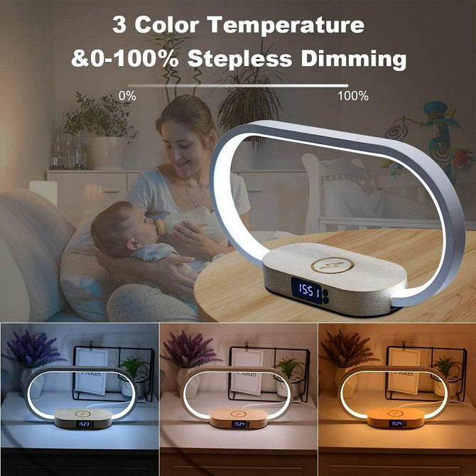 Настольная лампа Wanjiaone с часами, LED, диммером, 10W беспроводная зарядка, USB, бело-деревянная Киев - изображение 3