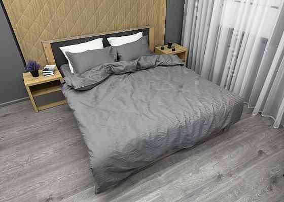 Комплект постельного белья Страйп-сатин Двуспальный 180х220 с простыней на резинке Серый (88-108) Киев