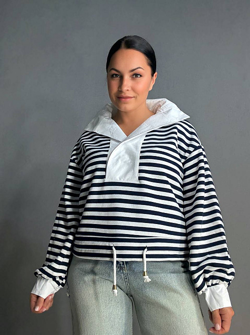 Свитшот женский KEYYMOD 34007 с воротником в полоску оверсайз темно синий, темно-синий, M Киев - изображение 10