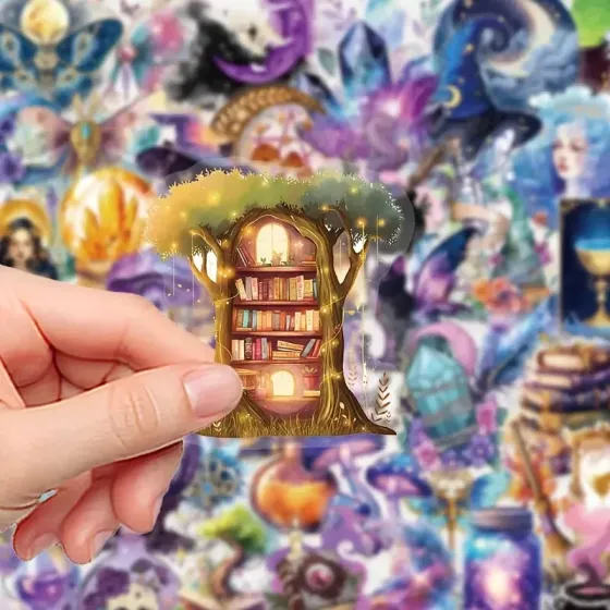 Набір наліпок “Магічний світ” – 50 шт. вінілові наклейки з відьмами, кристалами, чорними котами та зіллям Київ