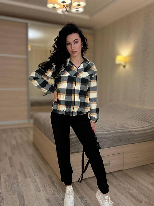 Женский прогулочный теплый костюм: кофта в клетку и штаны турецкий двусторонний флис Черный, 42/44 Одесса - изображение 3