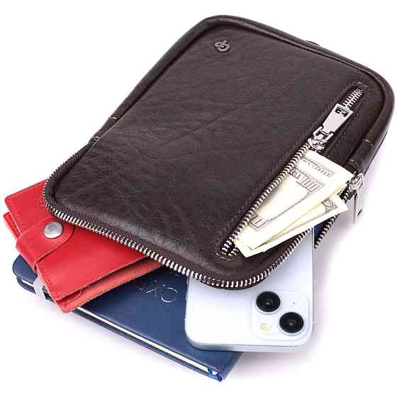 Мужская прямоугольная сумка бананка из гладкой натуральной кожи Коричневый (GRANDE PELLE) Киев