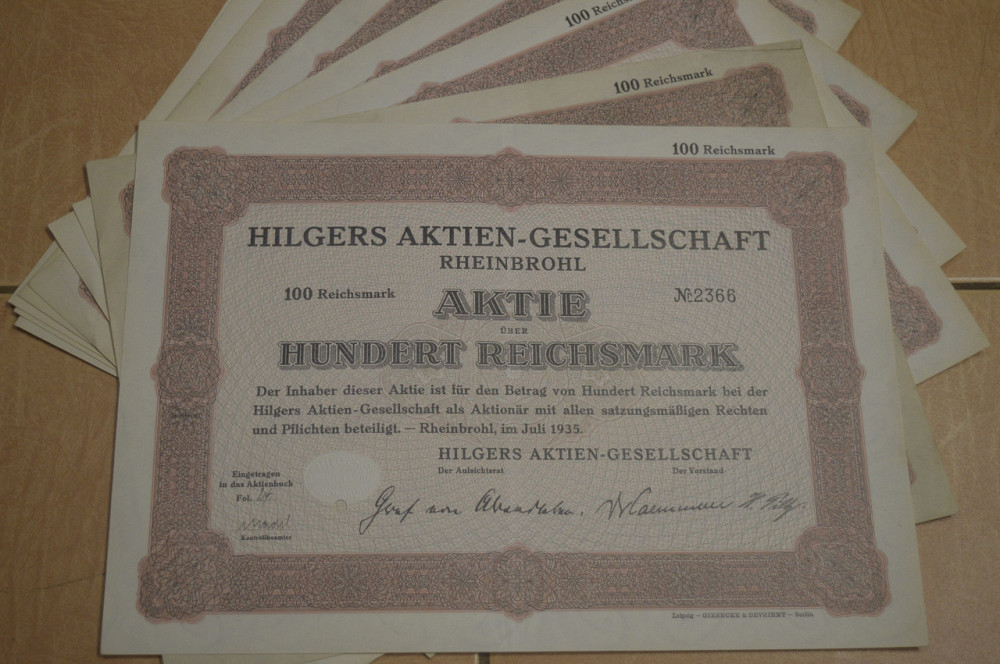 Акция. Германия. Hilgers Aktien-Gesellschaft--1000reichmark 1935 год aUNC-UNC (5 - 11) Полтава - изображение 1