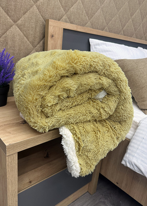 Плед двосторонній 155х200 см (+-5см) із штучною овчиною та хутром Гірчичний з білим (87-080) Київ - фото 8