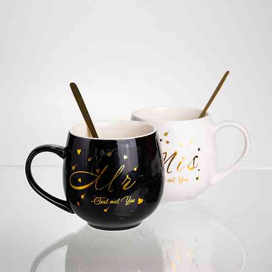 Yiwu Набір парних порцелянових чашок Mr&Mis 2 (шт) по 350 (мл) чашки на подарунок з ложкою Чорн Коломия