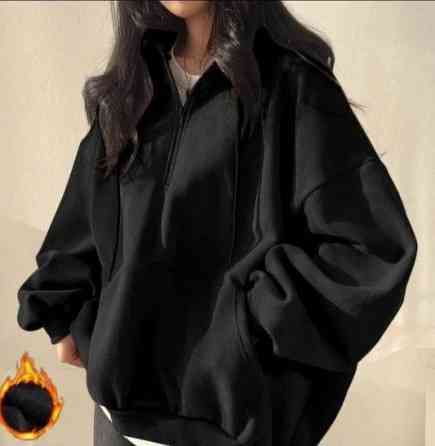 Жіноча утеплена об'ємна оверсайз худі зі змійкою тринитка на флісі Чорний Одеса