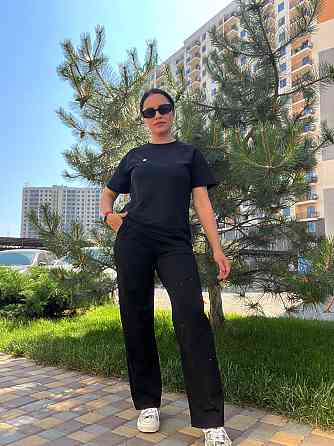 Костюм женский YUJIE YISHANG 7162 камни футболка удлиненная цифра 5 брюки ровные от бедра черный, че Одесса