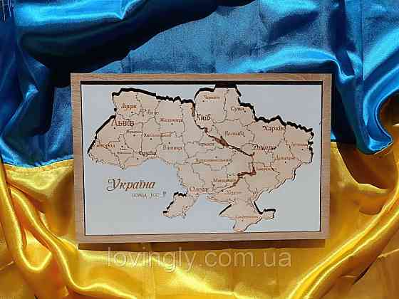 Настінне тришарове панно з дерева із зображенням мапи України. Ірпінь