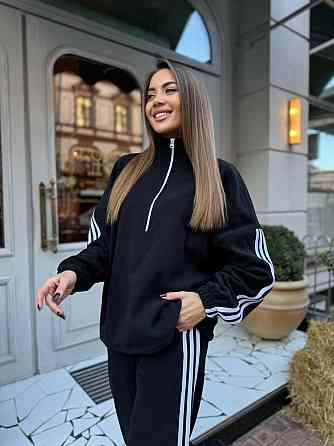 Жіночий теплий костюм у спортивному стилі з лампасами двосторонній фліс Чорний, 46/48 Одеса