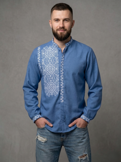 Молодежная мужская вышиванка из домотканого полотна на пуговицах 48 Киев - изображение 3