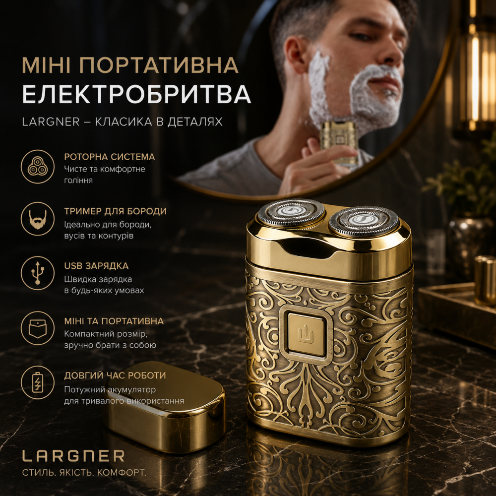 Електробритва чоловіча LARGNER міні портативна роторна бритва тример для бороди вінтажна Золота USB Київ - фото 8