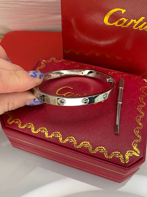 Браслет Cartier з цирконами, покриття білим золотом AU750 / Красива подарункова упаковка - коробочка з оксамитом та пакет Одеса - фото 6