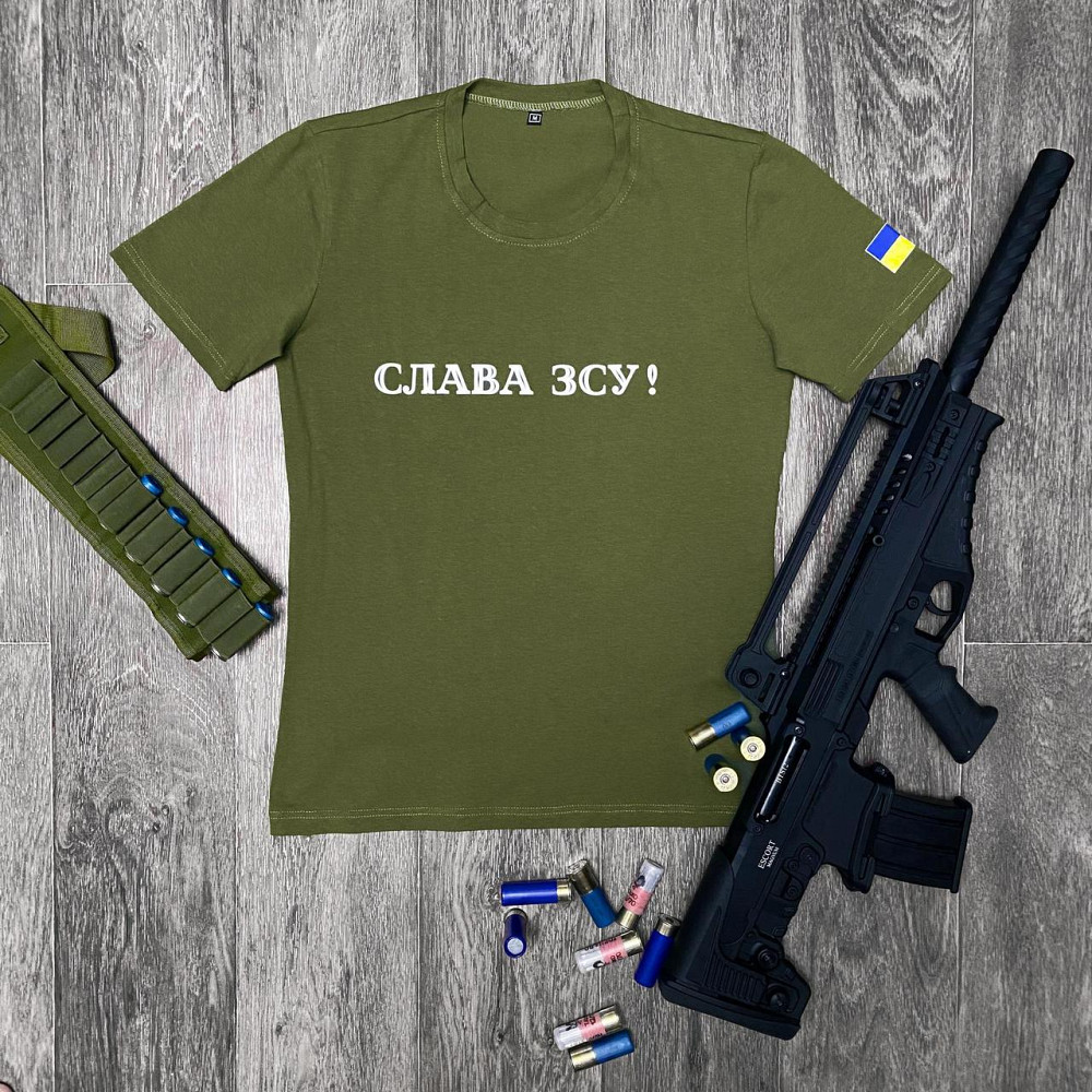 Мужская патриотическая футболка с принтом Слава ЗСУ антивоенная хлопковая хаки L Одесса - изображение 9