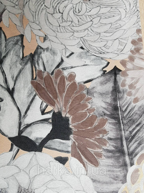 Шпалери вінілові Decoprint Breeze квіти хризантеми великі сірі білі чорні коричневі акварель 0.53х10 м Київ - фото 1