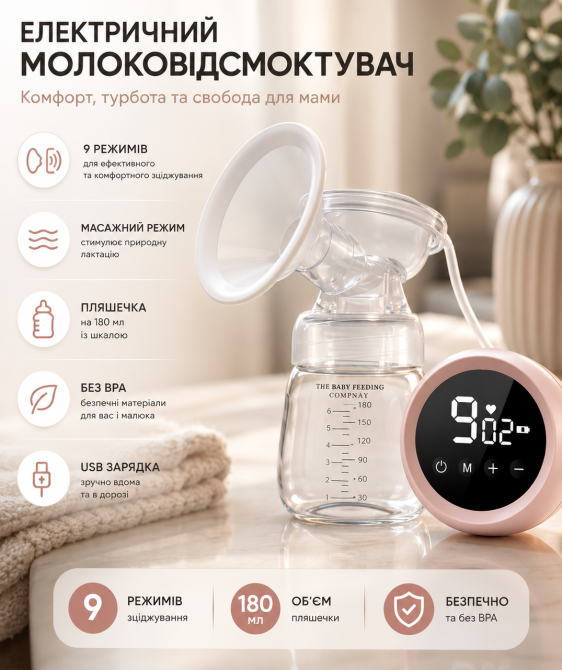 Электрический молокоотсос Hands-Free с бутылочкой 180 мл, 9 режимов, USB, массажный режим, без BPA Киев - изображение 8