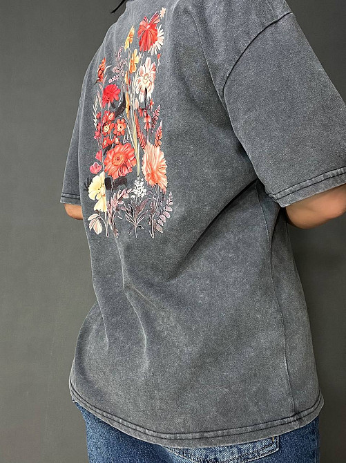 Футболка женская A-N 27005 тай-дай вареная с цветочным принтом на спине, серый, one size Киев - изображение 8