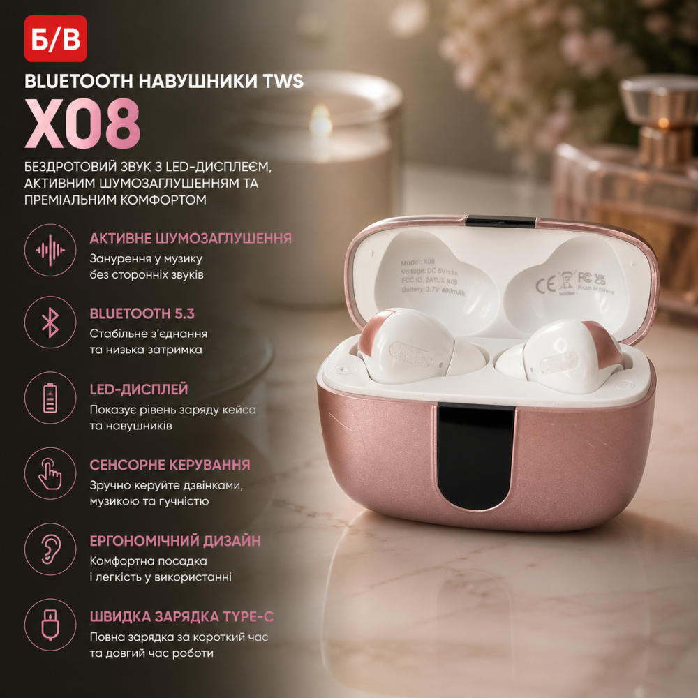 Б/В Bluetooth навушники TWS X08: бездротовий звук з LED-дисплеєм, активним шумозаглушенням та преміальним комфортом (Рожеві) Київ - фото 6