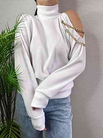 Стильний жіночий під горло светр із ланцюжком щільна ангора рубчик на фліс Білий, 48/50 Одеса