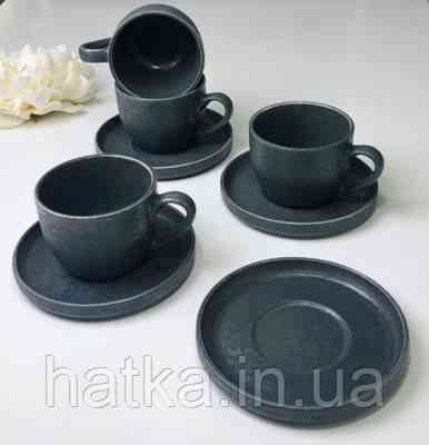 Набір чашок з блюдцем 250 мл 4 ч/4 бл чорний Olens "Шайні-дот" кераміка 101-0406 для дому та ресторану Київ