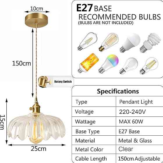Подвесной светильник люстра 25см стеклянный абажур лотос в винтажном стиле с латунным патроном E27, прозрачный Киев