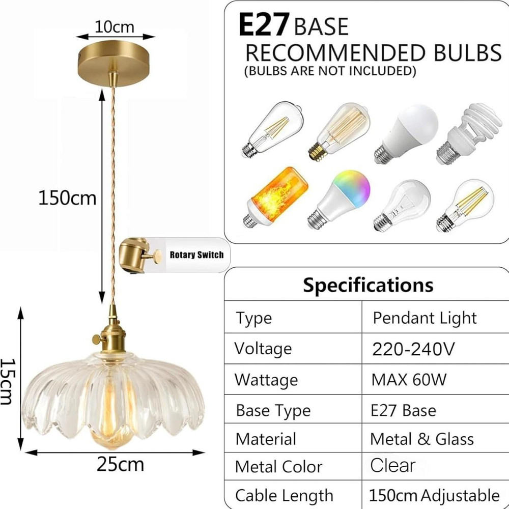 Подвесной светильник люстра 25см стеклянный абажур лотос в винтажном стиле с латунным патроном E27, прозрачный Киев - изображение 2