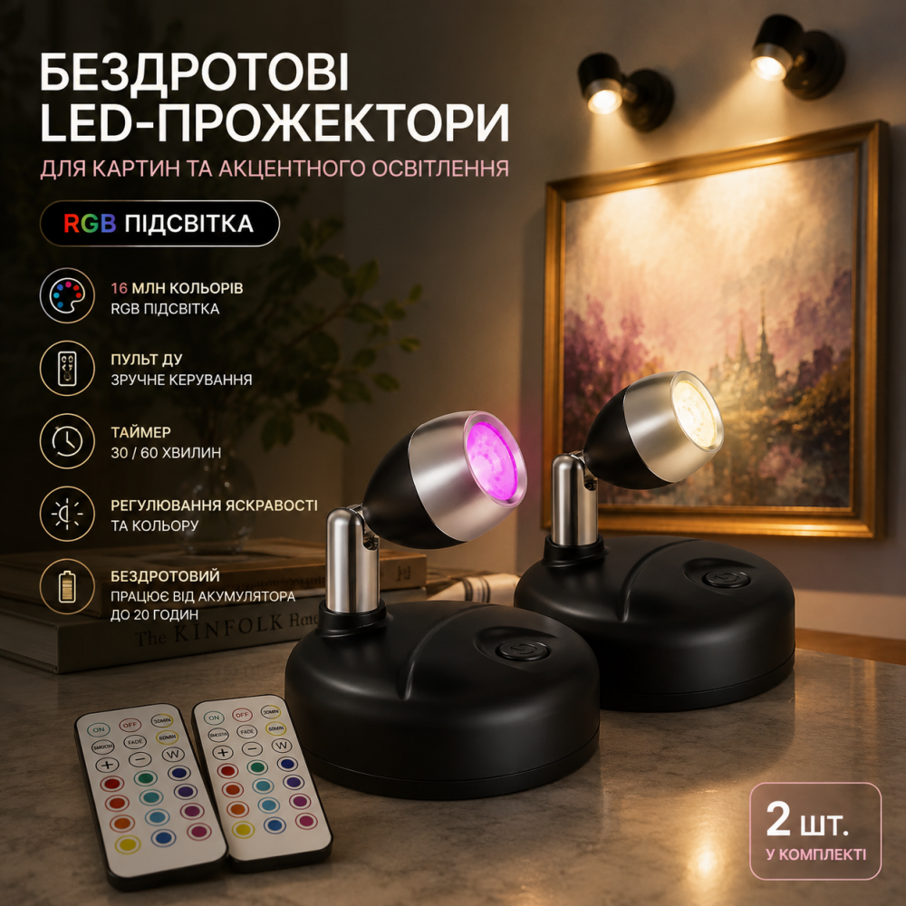 Беспроводные LED-прожекторы для картин и акцентного освещения RGB (упаковка 2 шт.) — Накладные точечные светильники с пультом и та Киев - изображение 7