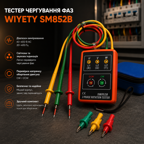 Тестер чередования фаз WIYETY 60–600 В, 20–400 Гц, световая и звуковая индикация, зажимы «крокодил» Киев