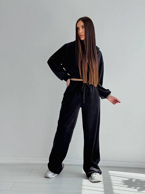 Женский стильный костюм двойка: кофта и штаны из плюш велюра Черный, 42/44 Одесса - изображение 4