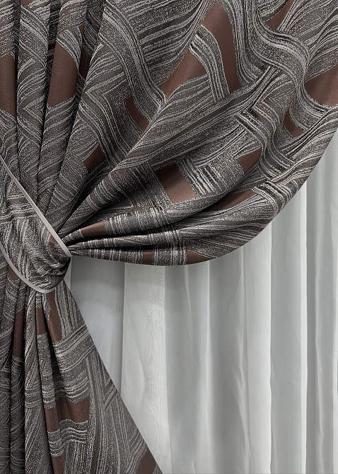 Комплект готовых штор VR-Textil Жаккард Mystery № 1623ш Серый с венге 150х290 см 2 шт (33-0524) Киев - изображение 5