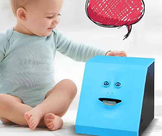 Копилка жующая монеты Facebank синяя — оригинальная копилка с движущимся лицом, поедающая монеты, 10×10 см Киев