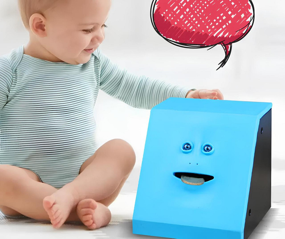 Копилка жующая монеты Facebank синяя — оригинальная копилка с движущимся лицом, поедающая монеты, 10×10 см Киев - изображение 3