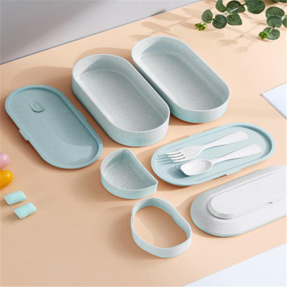 Контейнер,ланч бокс для горячей и холодной еды с термосумкой, двухъярусный для обеда с столовыми приборами, 900 мл,голубой Каменец-Подольский