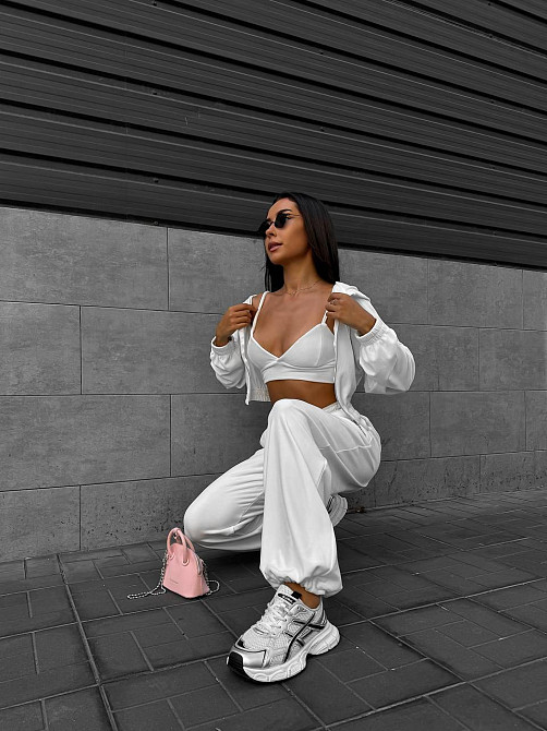 Жіночий костюм-трійка: кофта топ і штани велюр Молочний, 46/48 Одеса - фото 3