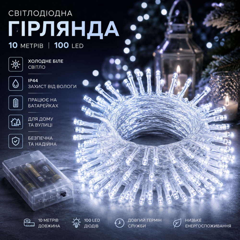 Світлодіодна гірлянда ZeMu Fairy Lights 10 м, 100 LED, холодне біле світло, IP44, на батарейках, для дому та вулиці Київ - фото 8