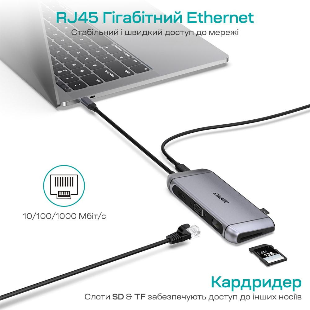USB-C хаб 9-в-1 Choetech M15 HDMI 4K@30Hz, VGA, 3 USB3.0, RJ45, USB-C PD, SD-card, TF-card (43-00153) Киев - изображение 16