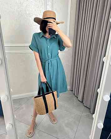 Жіноче легке базове плаття халат із поясом на ґудзиках турецька натуральна бавовна — муслін Оливка, 52/54 Одеса